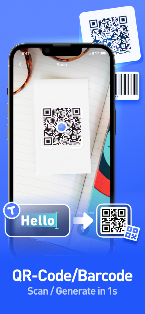 Interfaz de la aplicación móvil One Cleaner para escanear y generar códigos QR y de barras.