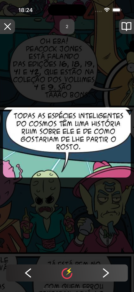 Super Comics app interface showing the Super Zoom sequential reading mode on a mobile screen