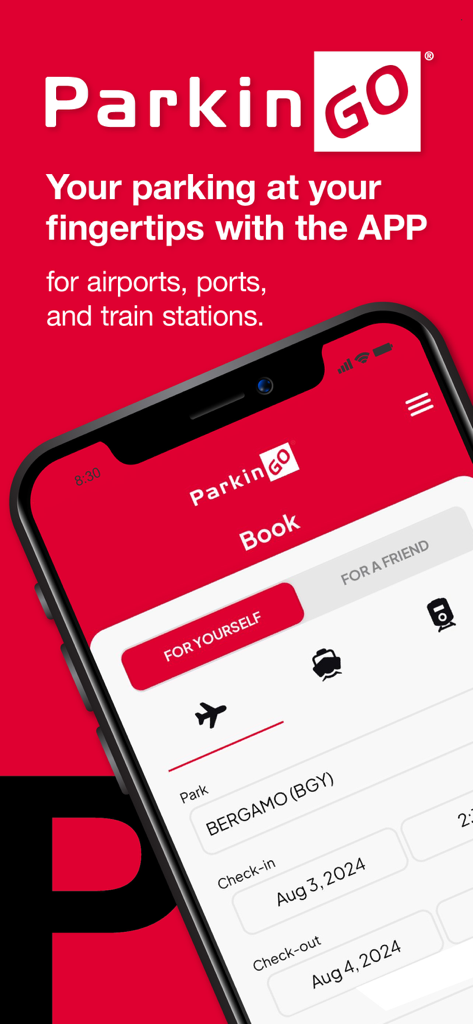 ParkinGO - Smartphone displaying the ParkinGO app booking screen for airport and train station parking
