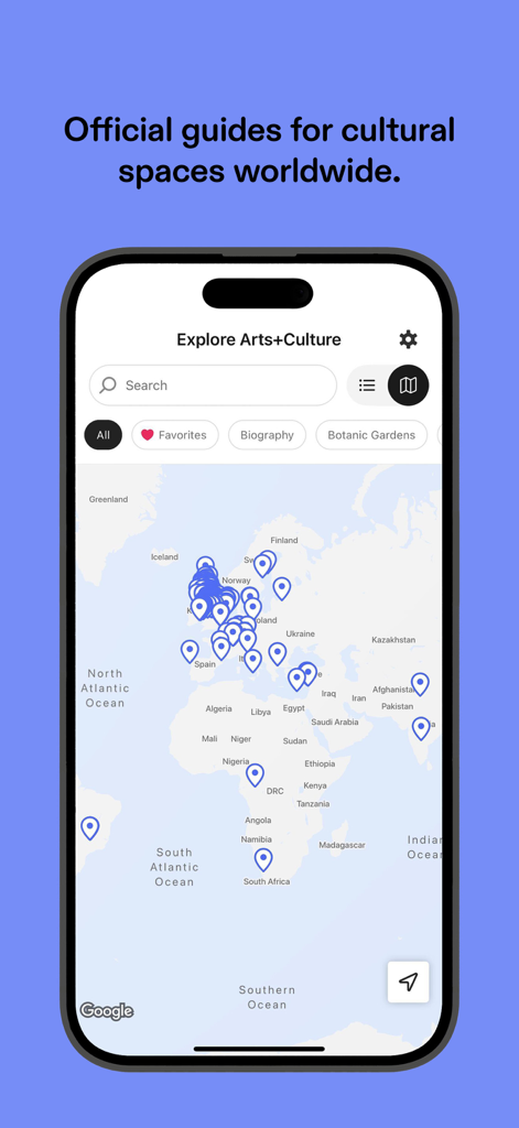 Connects: Arts+Culture - Bloomberg Connects app interface displaying a world map with location pins for cultural spaces