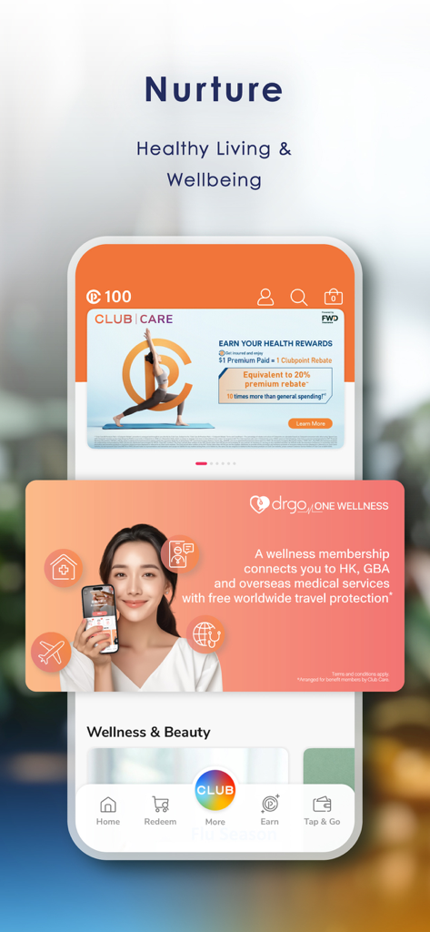 The Club - The Club app interface showing healthy living and wellness rewards