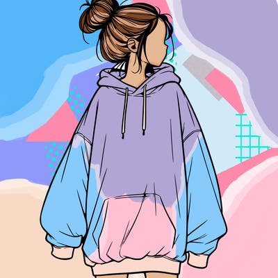 realistic girl with a oversized sweatshirt on and a bun