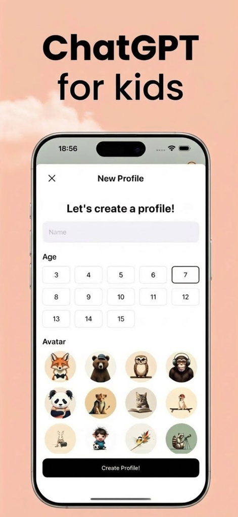 Screen for creating a new child profile in the Askie app with age selection from 3 to 15 and various animal avatars.