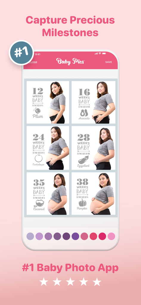 A collage of pregnancy progression photos in the Baby Pics app comparing baby size to fruit and vegetables from 12 to 38 weeks.