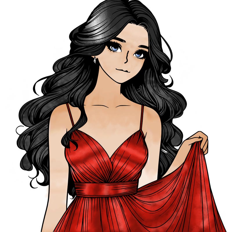 realistic girl in flowy silky prom dress