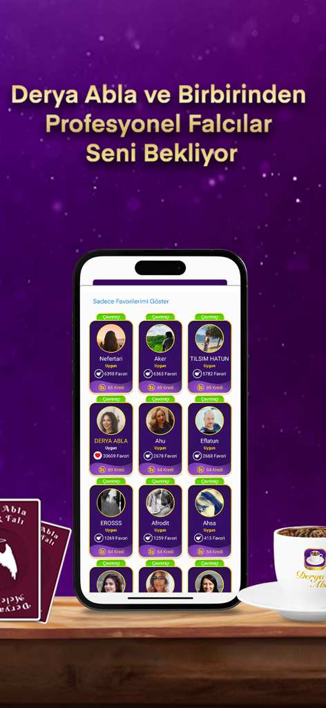 Derya Abla Kahve Falı - Schermata mobile che mostra indovini professionisti disponibili per letture nell'app di divinazione del caffè Derya Abla.