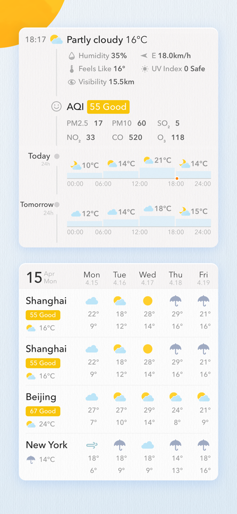 MyWeather - 15-Day Forecast - Clean interface of MyWeather app showing detailed forecast and air quality index for multiple cities