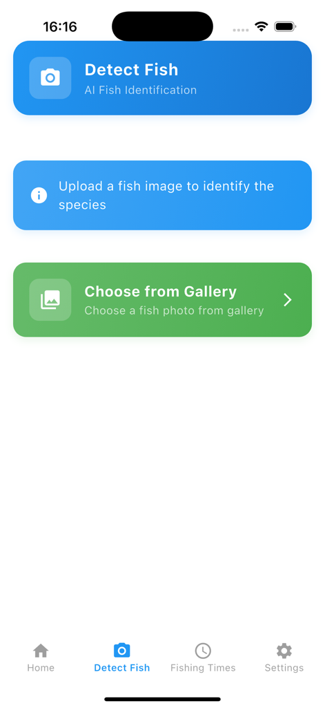 Fish Finder AI:Catch Time - The detect fish screen of the Fish Finder AI app featuring options to identify fish species via AI camera or by choosing a photo from the gallery.
