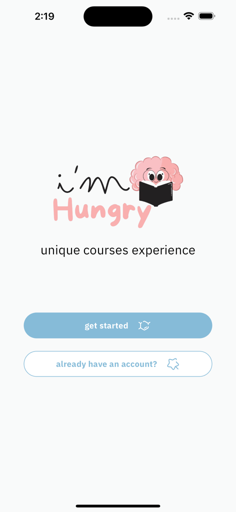 Tela de boas-vindas do aplicativo de educação odontológica i'm hungry com um mascote de cérebro lendo um livro