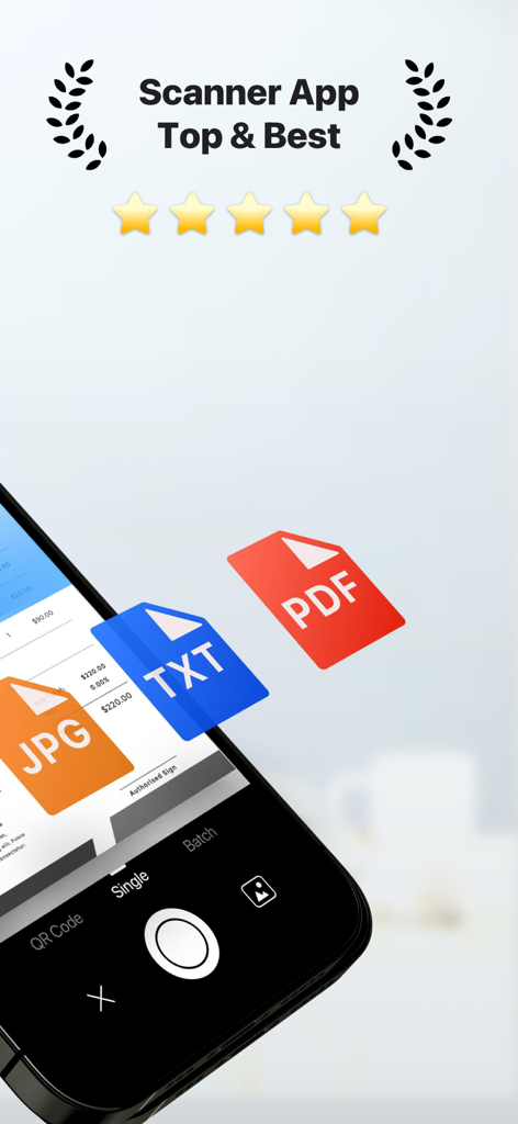 Mobile PDF scanner app scanning a document with JPG TXT and PDF export options.