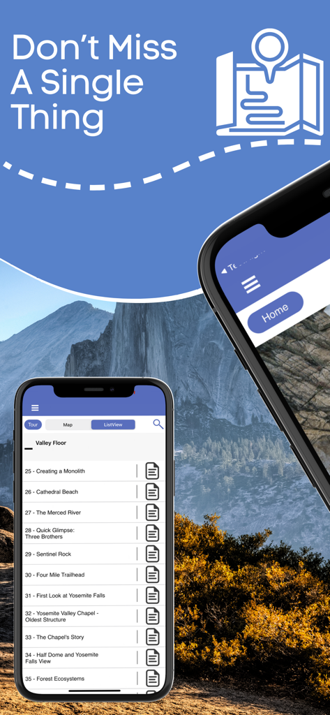 Yosemite National Park Tour - Yosemite National Park Tour app interface showing a list of audio stories for points of interest on a mountain background