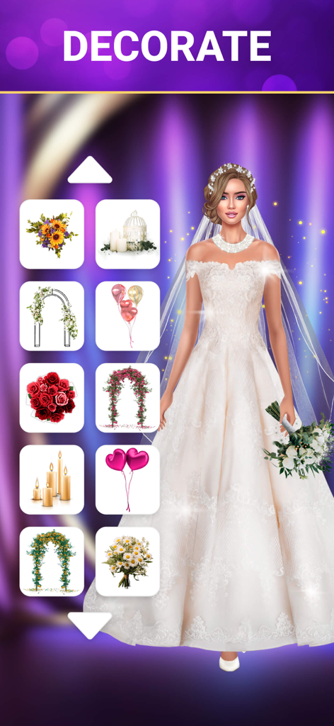 SUITSME: Dress Up Fashion Game - A virtual model in a white lace wedding dress within the SUITSME decoration menu featuring floral and lighting options