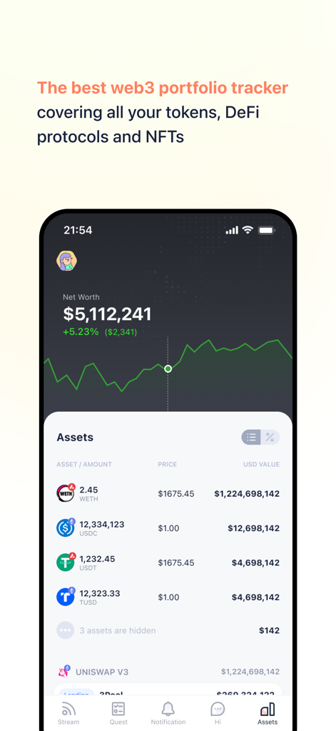 DeBank app interface showing net worth chart and multi chain crypto assets