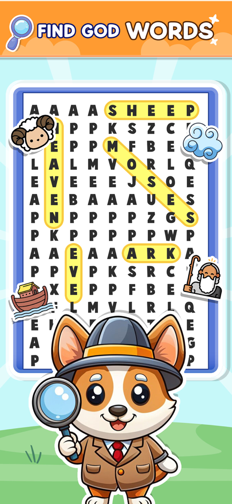 Bible Word Search Puzzle Games - Tela de jogo de quebra-cabeça de busca de palavras bíblicas apresentando um cachorro detetive fofo e palavras religiosas como Ovelha e Arca