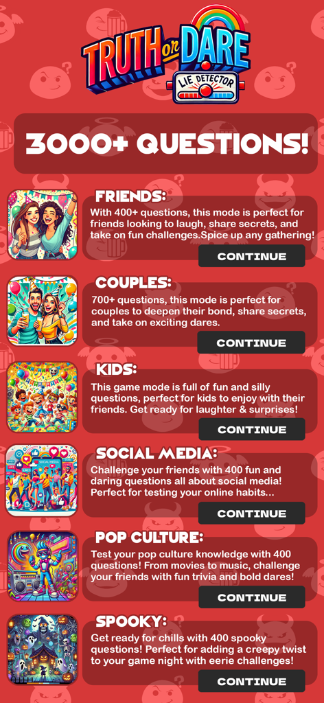 Lie Detector Test - Truth Dare - Lista de diferentes categorias de jogos no aplicativo Detector de Mentiras Verdade ou Desafio, incluindo modos Amigos, Casais e Mídia Social