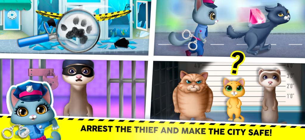 Kitty Meow Meow City Heroes - Kitty police officer investigating a crime scene and arresting a cat thief in a suspect lineup