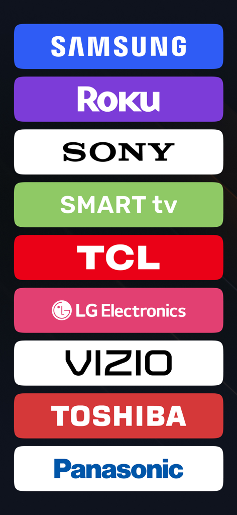 Logos of compatible TV brands including Samsung Roku Sony TCL LG Vizio Toshiba and Panasonic