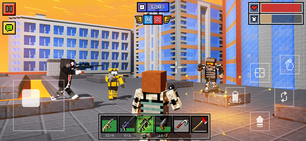 Characters with different skins in a pixelated 3D shooter battle on a rooftop.