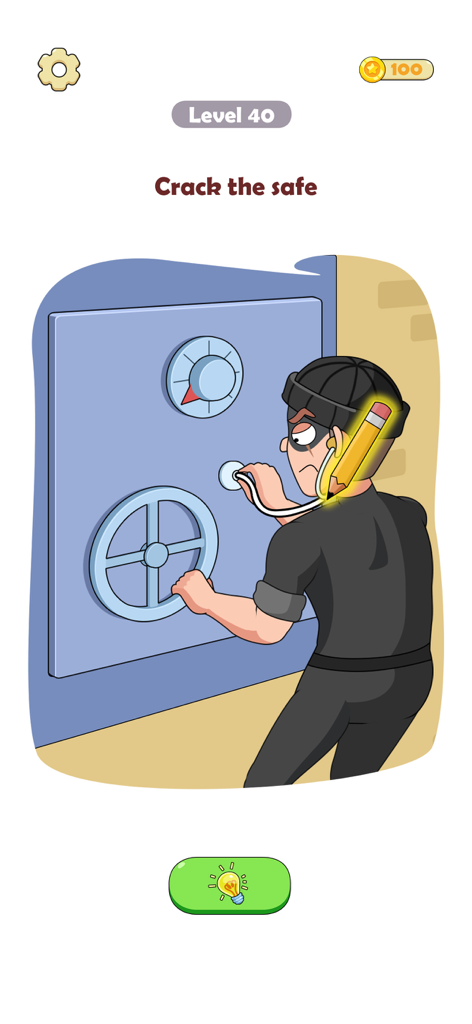 Draw Funny Story: DOP Puzzle - A cartoon puzzle level from Draw Funny Story: DOP Puzzle showing a robber trying to crack a safe.
