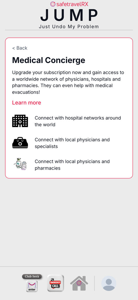 safetravelRX - Medizinische Concierge-Oberfläche in der safetravelRX App, die internationalen Reisenden Zugang zu globalen Krankenhausnetzwerken und Ärzten bietet.