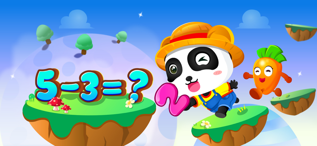 BabyBus panda character in farmer clothes solving a subtraction math problem