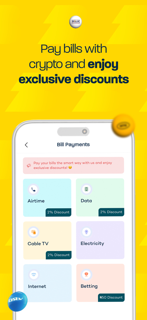 Breet app screen for paying bills with cryptocurrency including airtime data and electricity with exclusive discounts