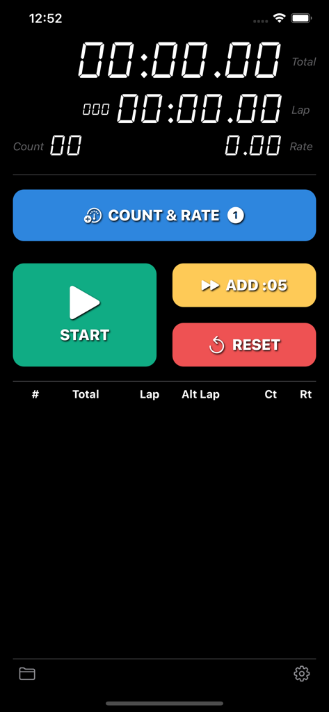 Stroke Rate Stopwatch - Main interface of the Stroke Rate Stopwatch app with digital timers and large buttons for start reset and rate tracking
