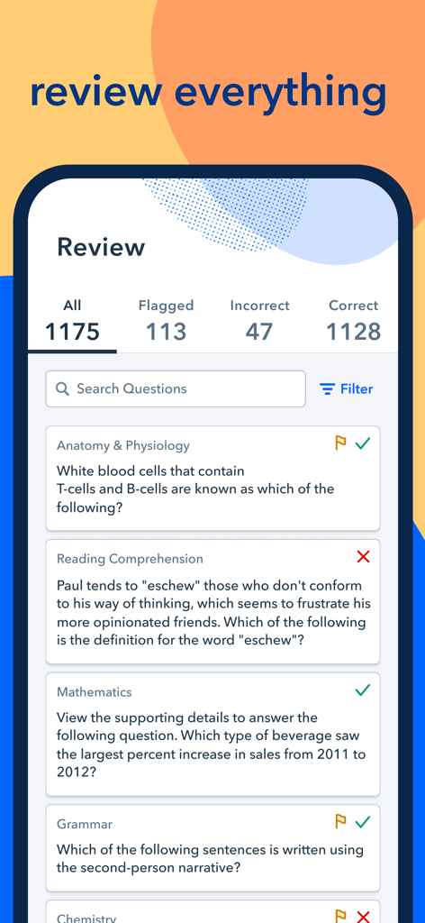 HESI® A2 Prep by Pocket Prep - HESI A2 Prep app interface showing question review categories and practice exam questions for nursing students