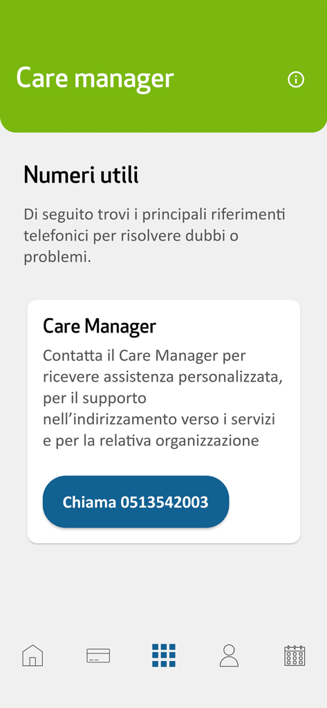 SiSalute Up - Schermata dell'app SiSalute Up che mostra la sezione di contatto del Care Manager con un pulsante per chiamare per assistenza sanitaria personalizzata