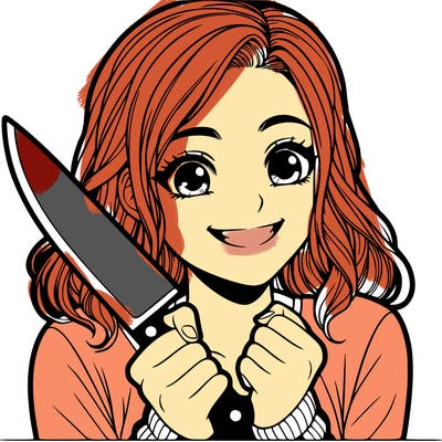 a realistic girl holding a knife and grinning