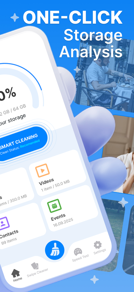 Smart Cleaner: Clean Up Fast - Smart Cleaner app home screen displaying storage analysis and one-click cleaning tools