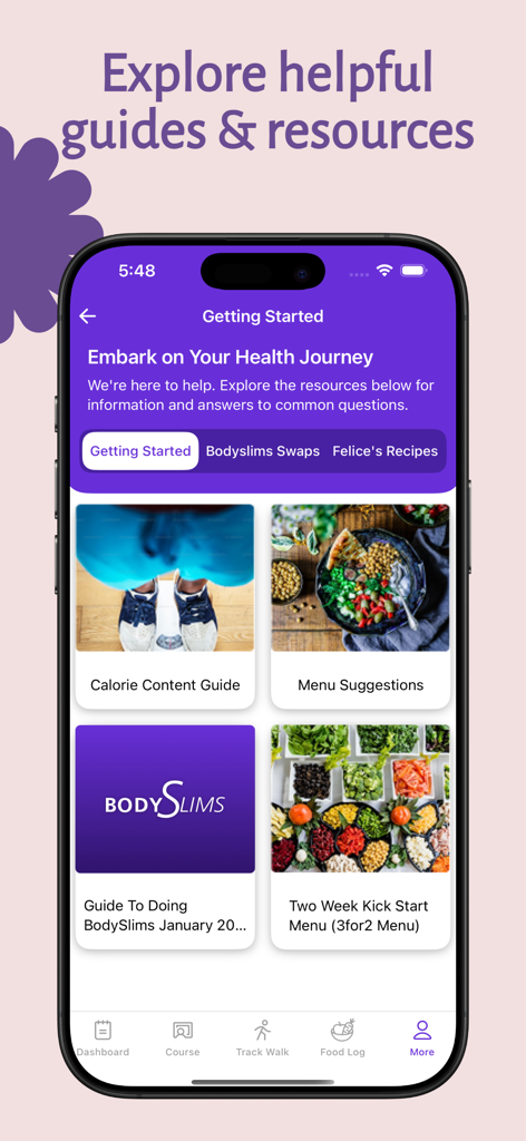 MyBodySlims - MyBodySlims app screen displaying helpful guides and resources for weight loss