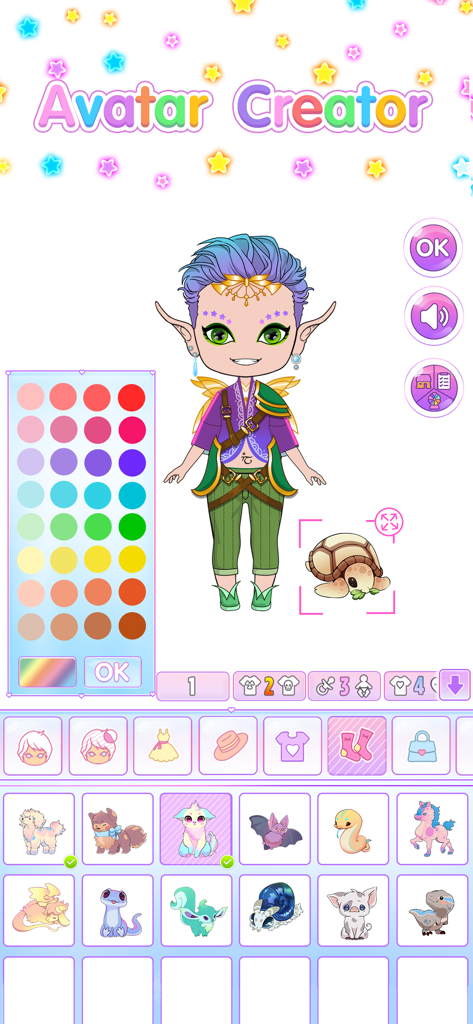 A chibi character creator screen showing a fantasy elf boy with a color palette and a selection of cute pets.