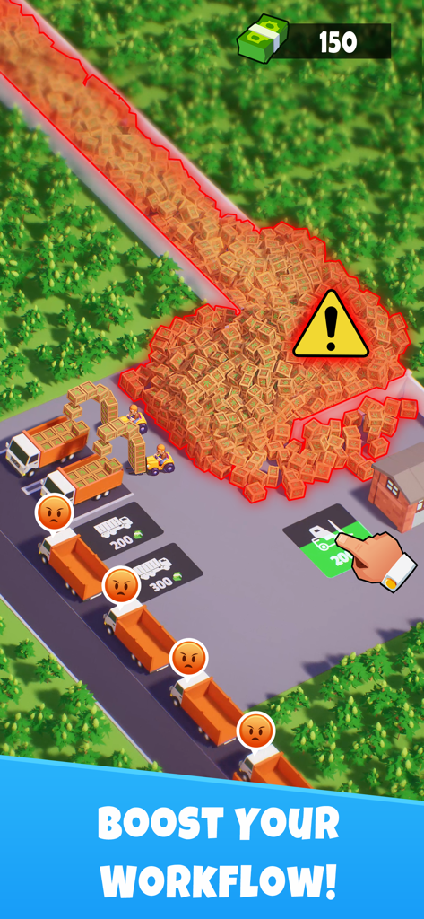 A screen from Idle Mafia showing trucks waiting to be loaded with crates and a message saying boost your workflow