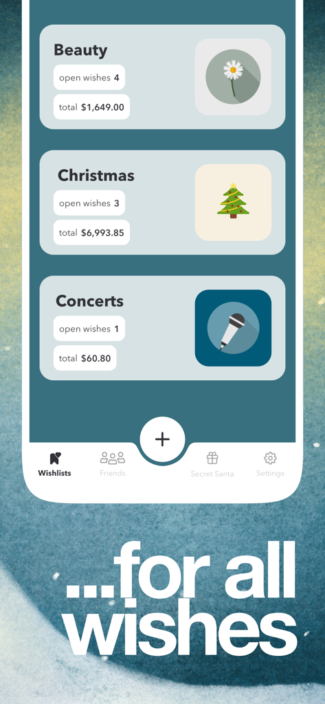 Wishlists - online wishlist - Mobile app screen showing organized wishlist categories for beauty, christmas, and concerts with item counts and total price values.