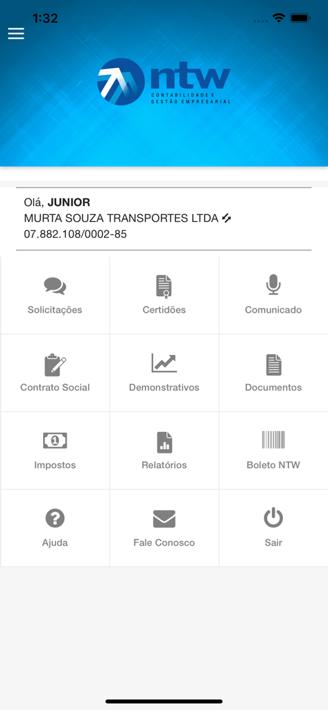 NTW Contabilidade Empresarial - Haupt-Dashboard der NTW Contabilidade Empresarial App mit Geschäftsbereichen für Steuern, Berichte und Dokumente