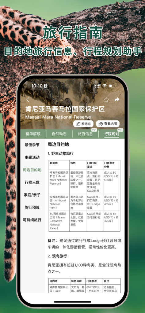 熊猫客-全球自然探索指南 - PandaTrek app interface displaying a detailed travel guide and itinerary planner for Maasai Mara National Reserve