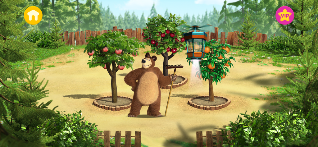Masha and the Bear: Easy Farm - Personaje del Oso parado con un rastrillo en un huerto con árboles de manzanas y naranjas