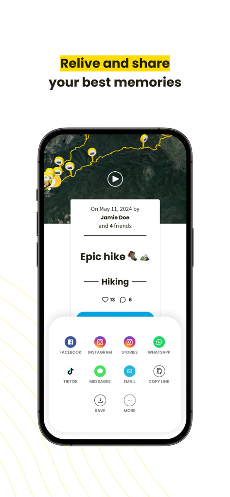 Relive app interface showing a 3D hike map and social media sharing options