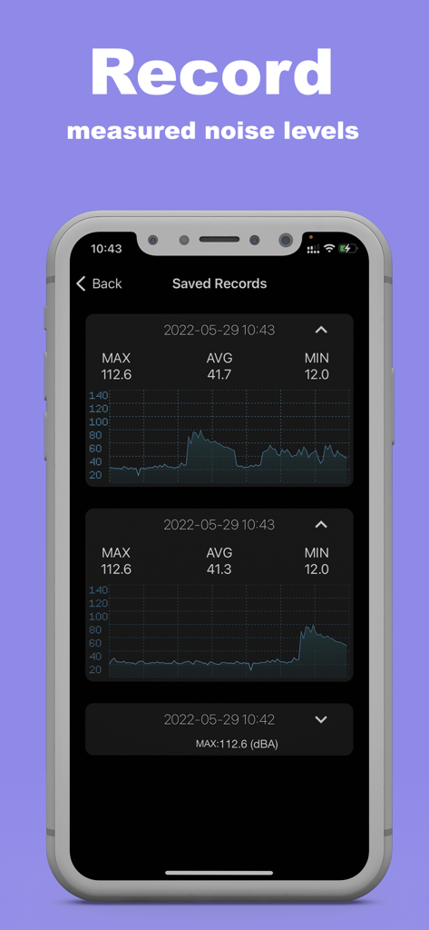 Interface of the Sound Meter app showing a history of saved noise level records with detailed graphs and decibel statistics.