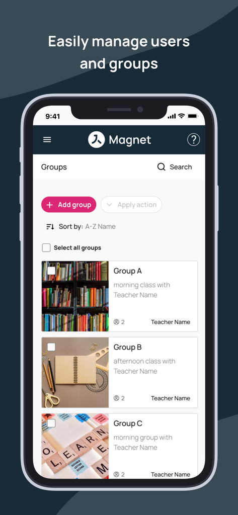 Interfaz de la aplicación Magnet Learn para organizar y gestionar grupos educativos