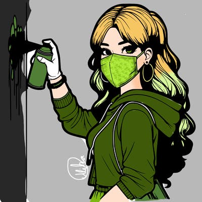 realistic girl with mask spray painting a wall