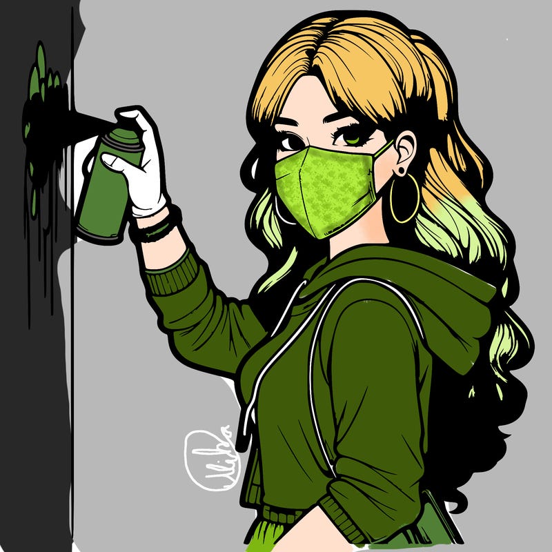 realistic girl with mask spray painting a wall