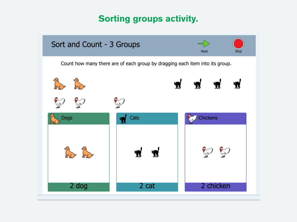 Boardmaker 7 Student Center - An interactive sorting and counting activity with animal symbols for special education students