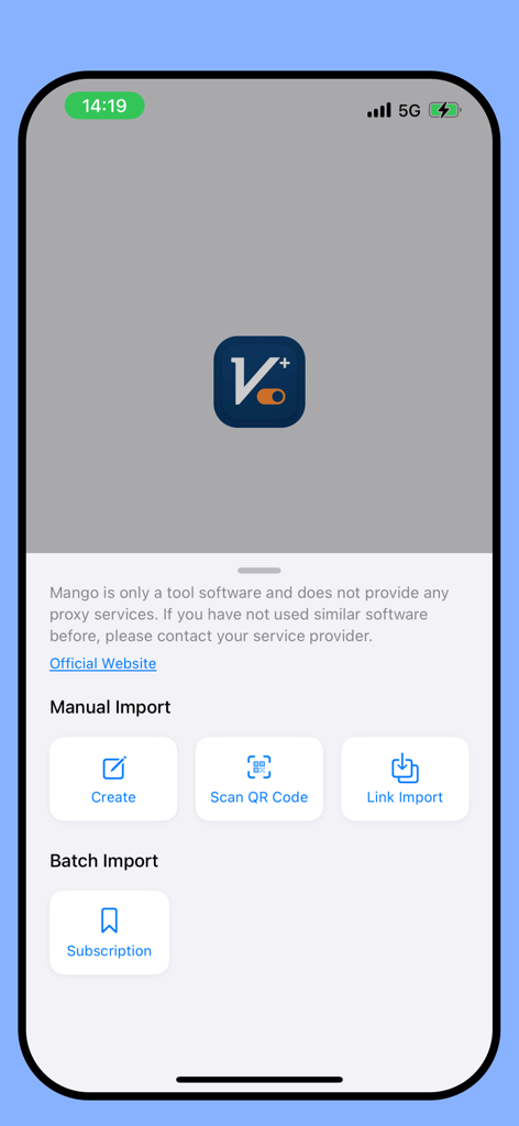 VPN - Mango V2ray - Manual and batch import options in the Mango V2ray VPN app