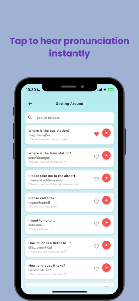 Lao Phrasebook - Lao Phrasebook app screen showing travel phrases with audio pronunciation buttons for transportation