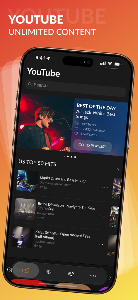 Silence Music - Silence Music app showing YouTube streaming interface with US Top 50 Hits playlist