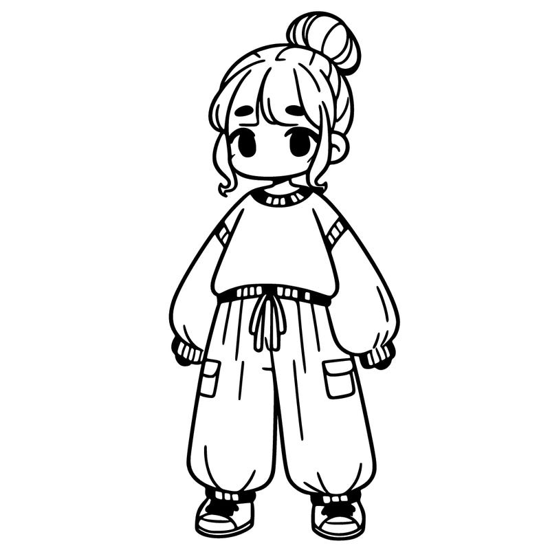 a girl wearing a sweater and long baggy pants and her hair pulled into a bun