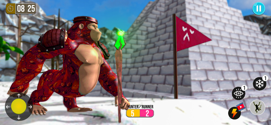 Monkey Monster Survival PEAK - Un gorila con textura de lava roja sosteniendo un bastón verde brillante en un paisaje nevado junto a una pirámide y una bandera roja