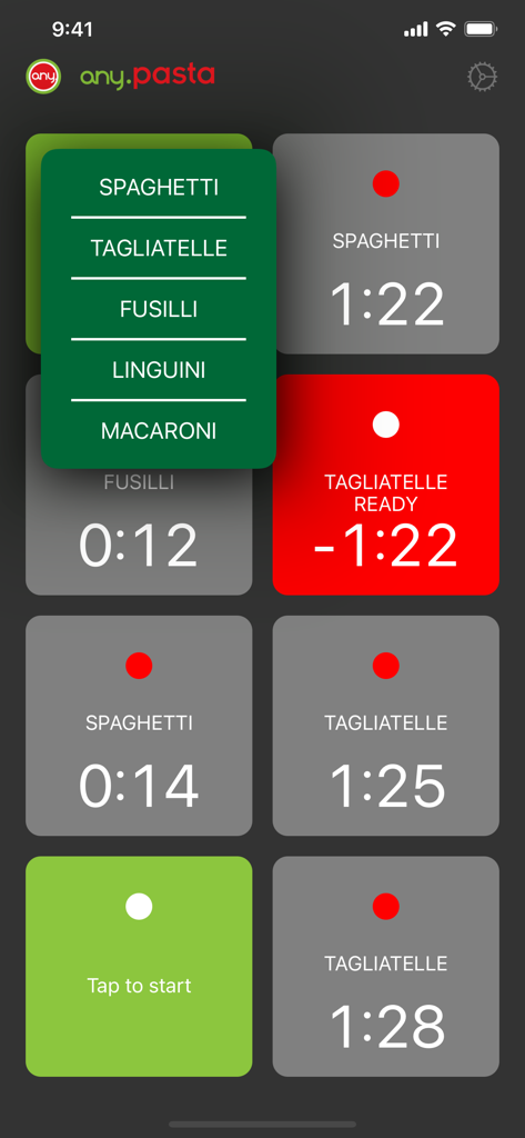 AnyTimer - AnyTimer mobile app interface displaying multiple pasta cooking timers and a pasta selection menu